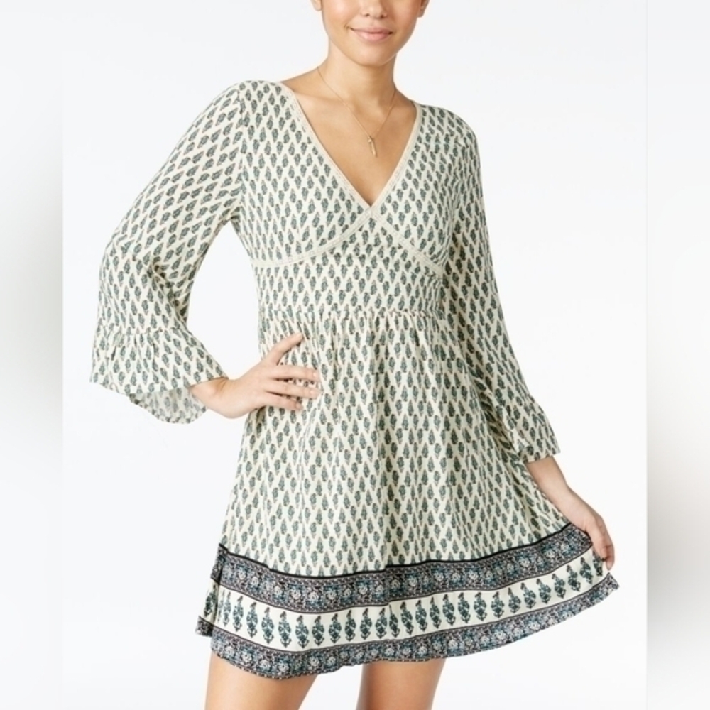 NWT American Rag Printed Bell Sleeves Peasant Dress in Egret Combo